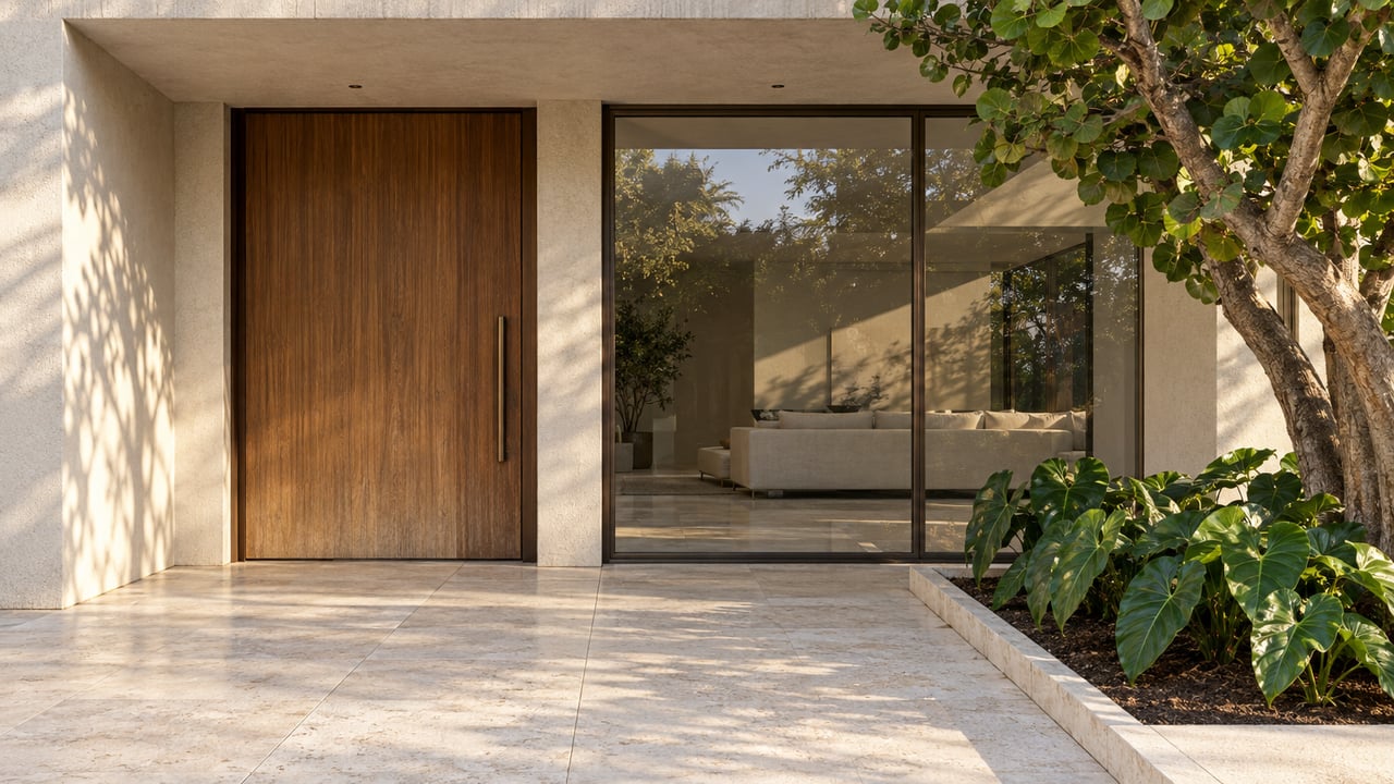 Sheltered contemporary home entrance with a teak door, bronze-framed glazing, limestone approach and sculptural tropical planting.