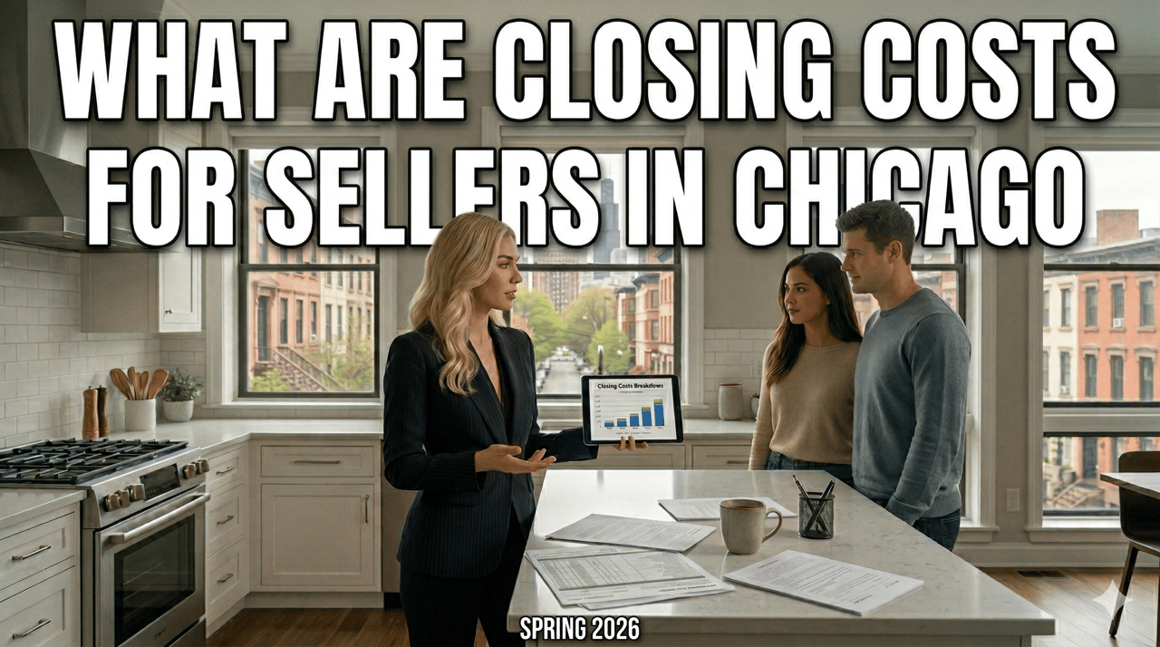 Chicago real estate agent Dee Savic explaining home closing costs to sellers in a luxury kitchen setting with a skyline view; Spring 2026 Chicago housing market guide.