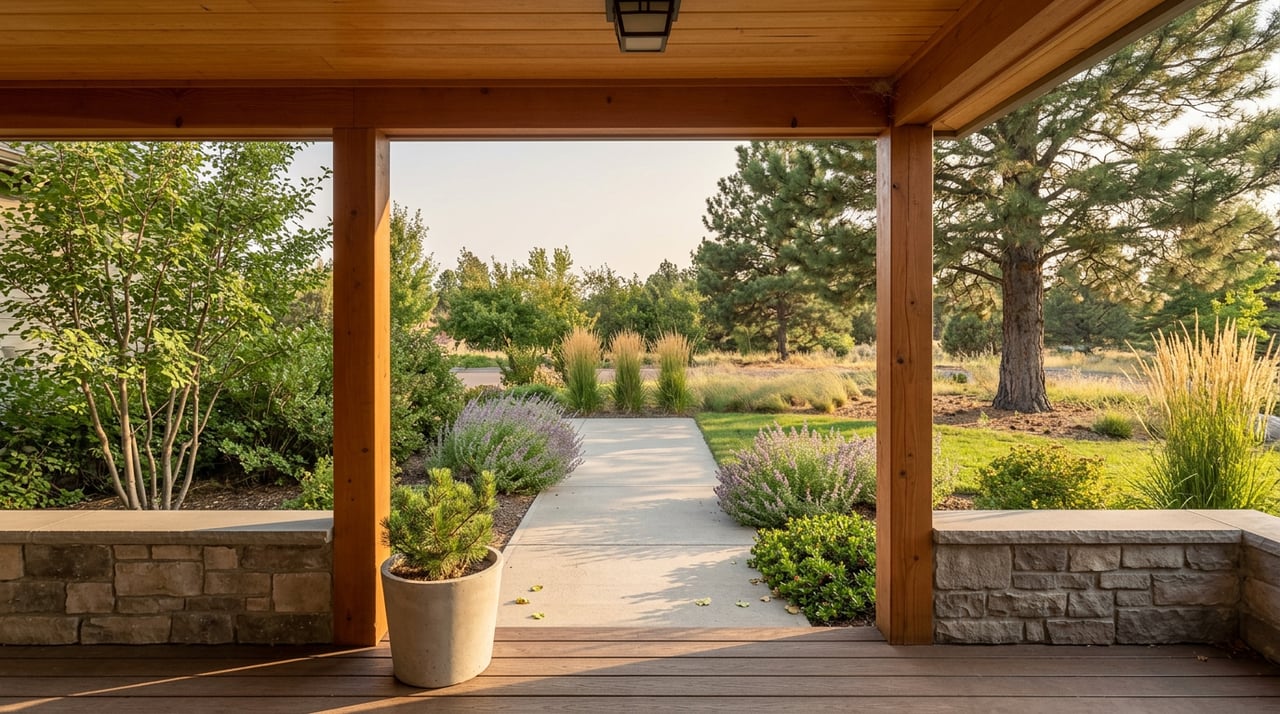 Porch posts frame a concrete walkway leading past stone edging into a planted front yard.