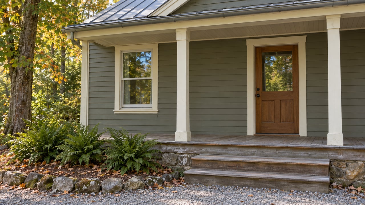 Weathered wood cottage porch with gray-green siding, a glazed door, silver-brown steps and ferns beside a stone foundation.