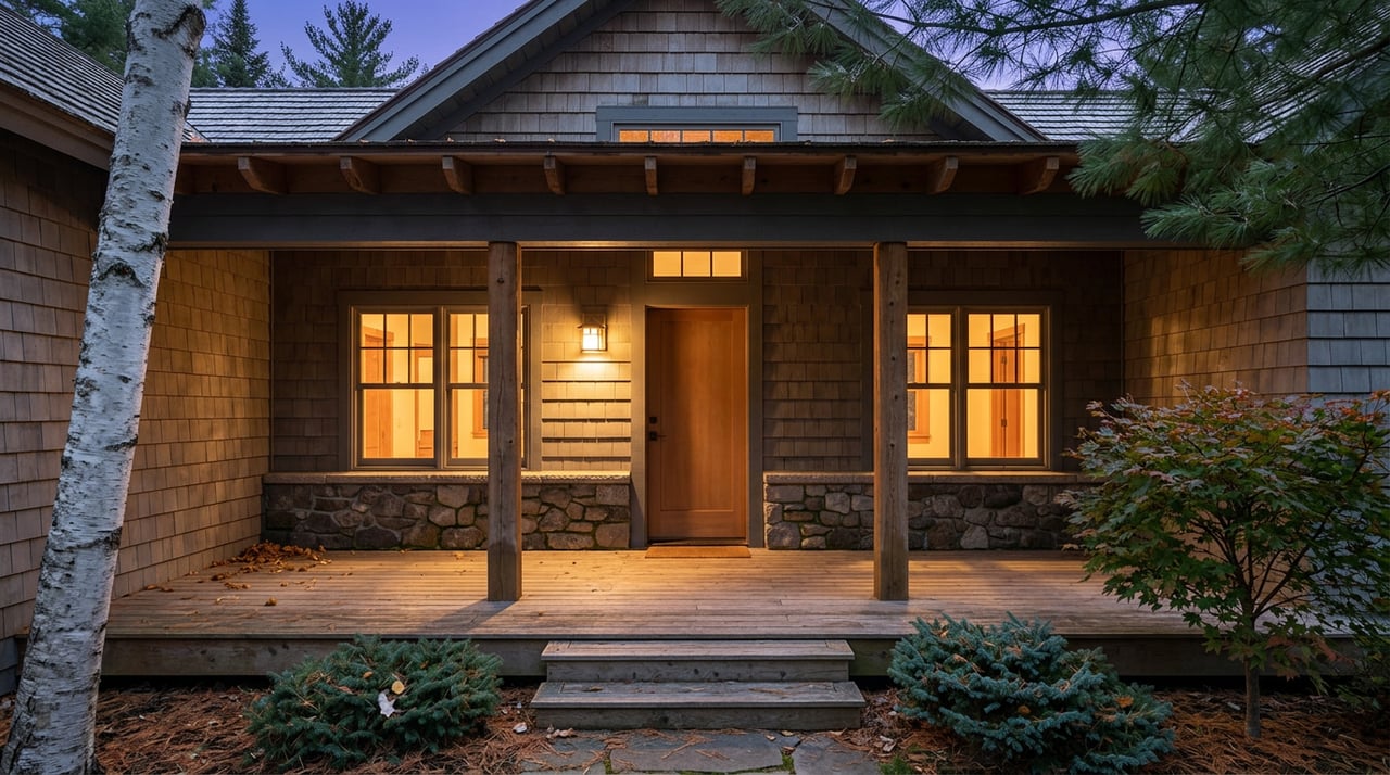 Timber porch entry with a wood door, amber-lit multi-pane windows, stone knee wall, and pine boughs at dusk.