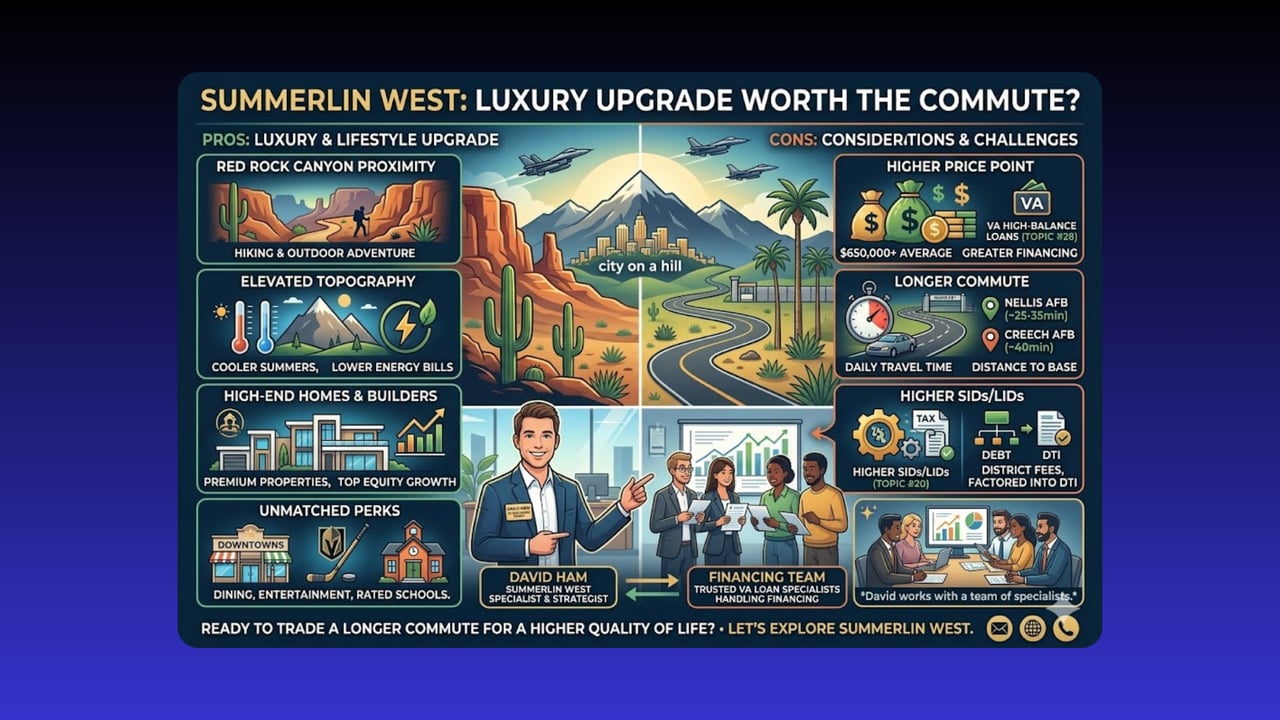 Summerlin West infographic comparing lifestyle and housing benefits with prices, financing, commute times, and fees.