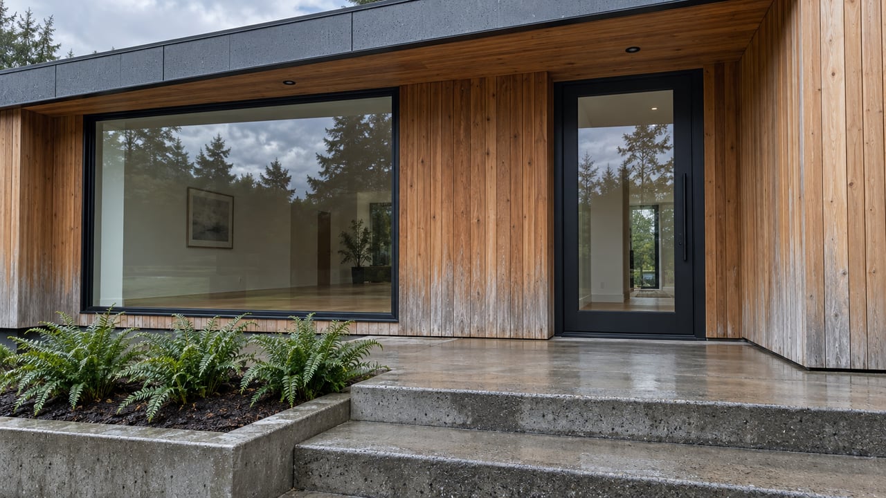 Rain-darkened concrete steps lead to a cedar-clad contemporary home with a glazed black entry door and three sword ferns.