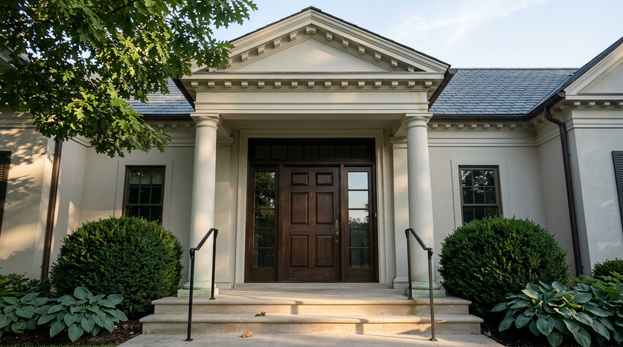 Columned estate portico with a dark paneled door, limestone steps, and clipped boxwoods.