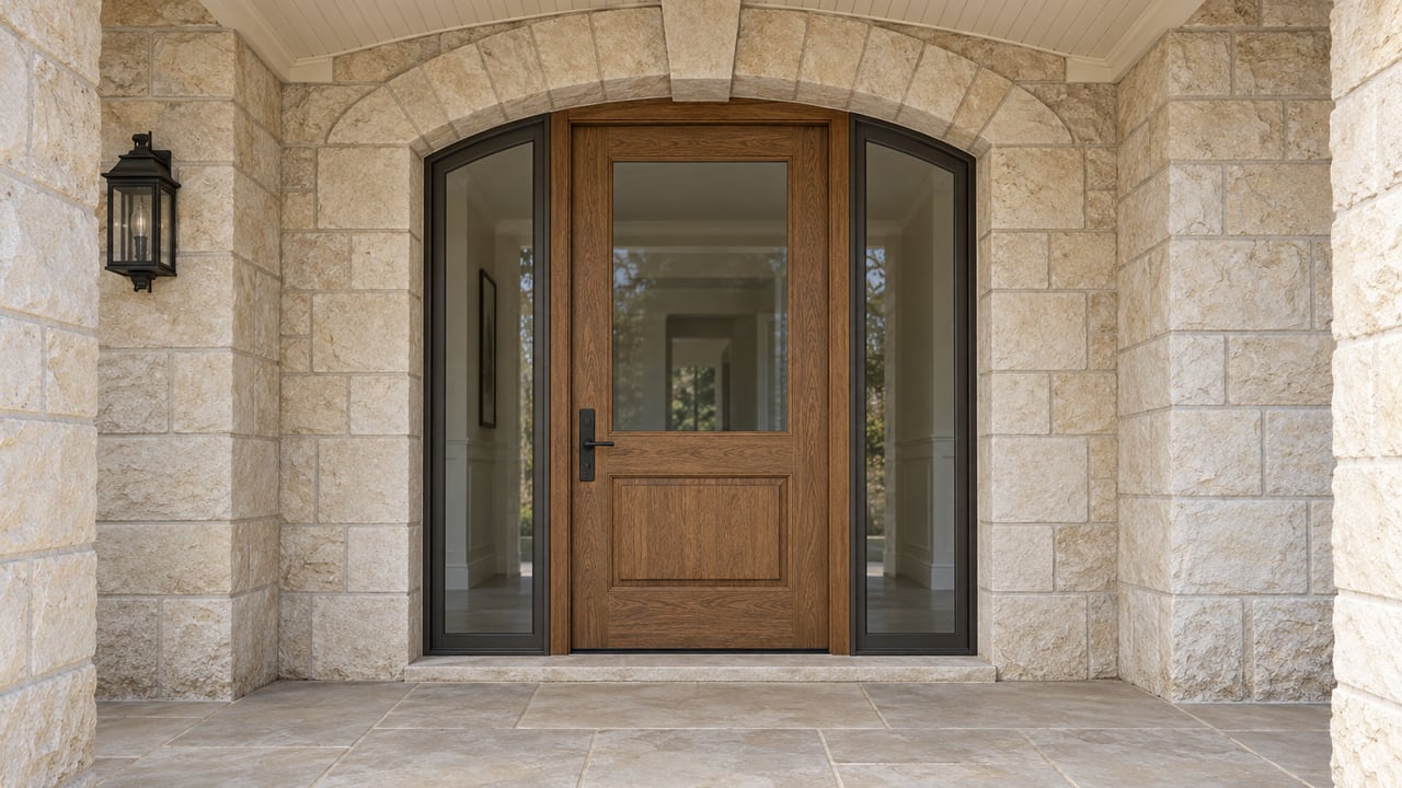 Close view of an arched limestone entrance with an oak-and-glass door, matching sidelights, and softly worn stone porch paving.