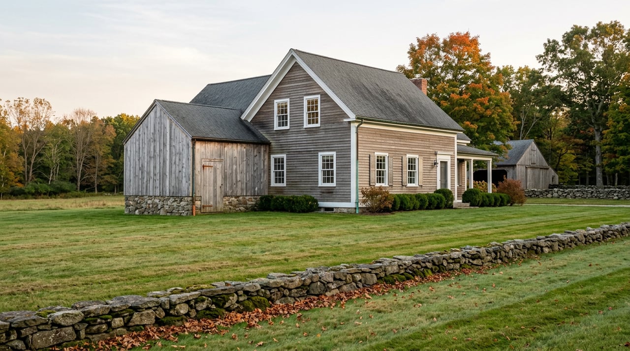 Farmhouse and attached carriage barn beyond meadow, with a fieldstone wall and autumn trees.