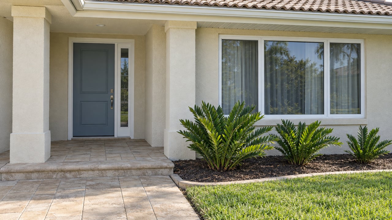Ivory stucco home with a tiled hip roof, sheltered blue-gray entry door, white-framed window and coontie planting beside a paver approach.