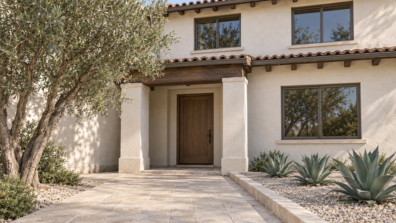 Warm-white two-story home with clay roof tiles, timber porch beams, an oak entry door, and a limestone approach bordered by an olive tree and three agaves.