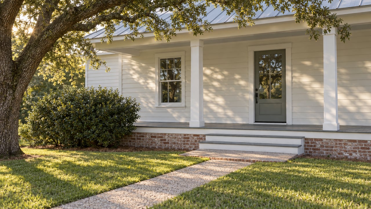 Oyster-white coastal house with raised porch, shell-aggregate walk, mown lawn, and live oak canopy.