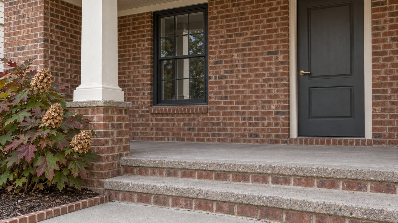 Close view of a brick home's covered entry, black-framed window, concrete steps and oakleaf hydrangea.