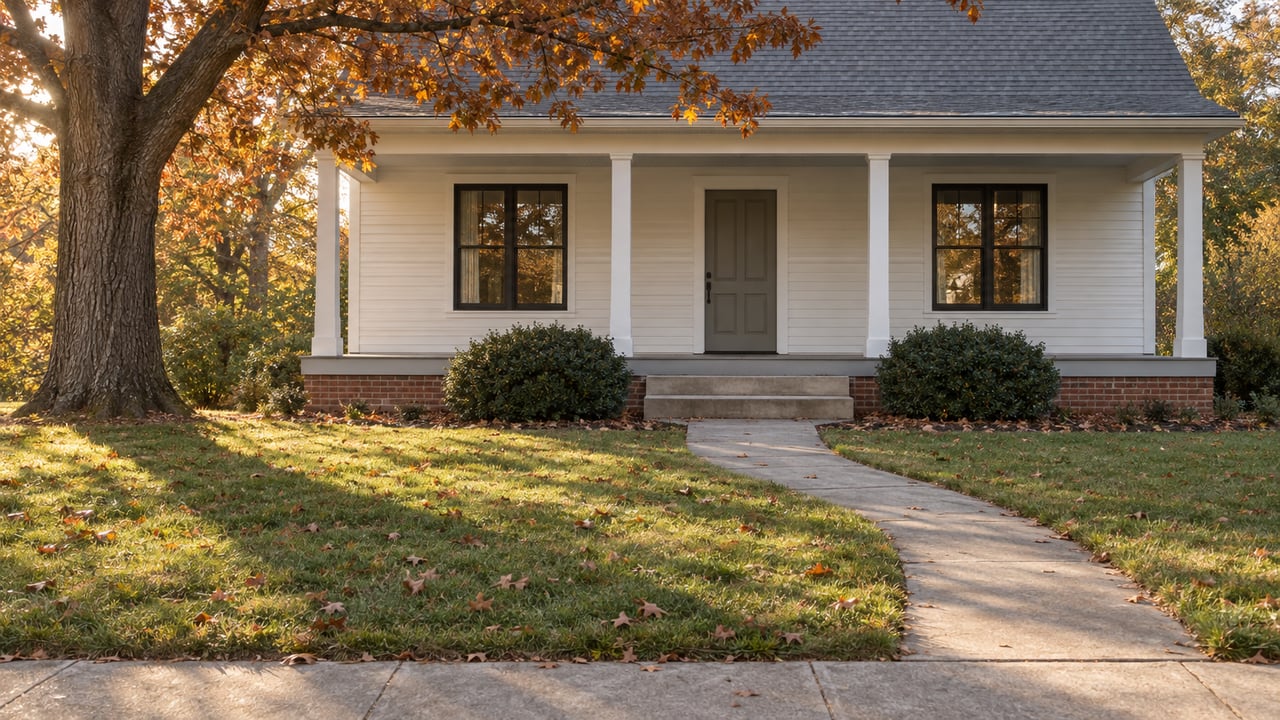 White clapboard house with a deep lawn, curving walkway, and copper-russet oak in autumn light.