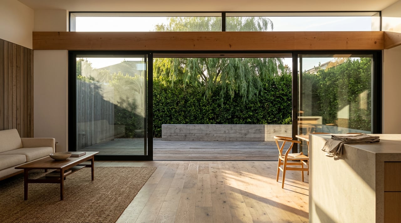 Great room opens through black-framed glass doors onto a terrace backed by a clipped hedge.