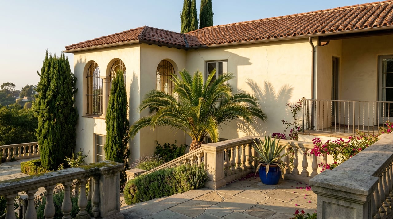 Mediterranean Revival home with arched loggia and terracotta roof above a stepped garden with palms and agave.