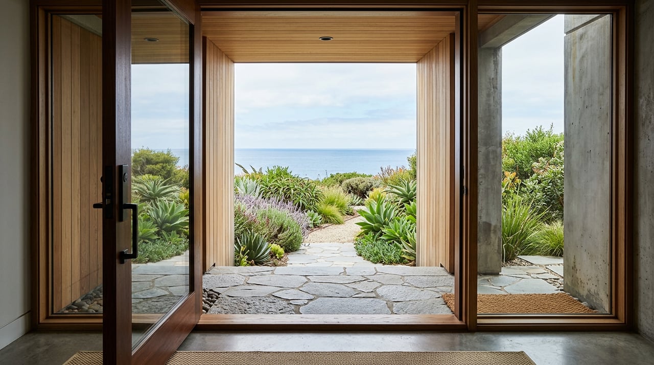 Black steel-and-glass entry door framed by stacked stone and smooth stucco, opening onto a stone-paved walkway.