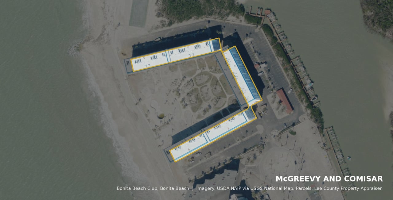 Aerial view of Bonita Beach Club condominium, Bonita Beach, FL