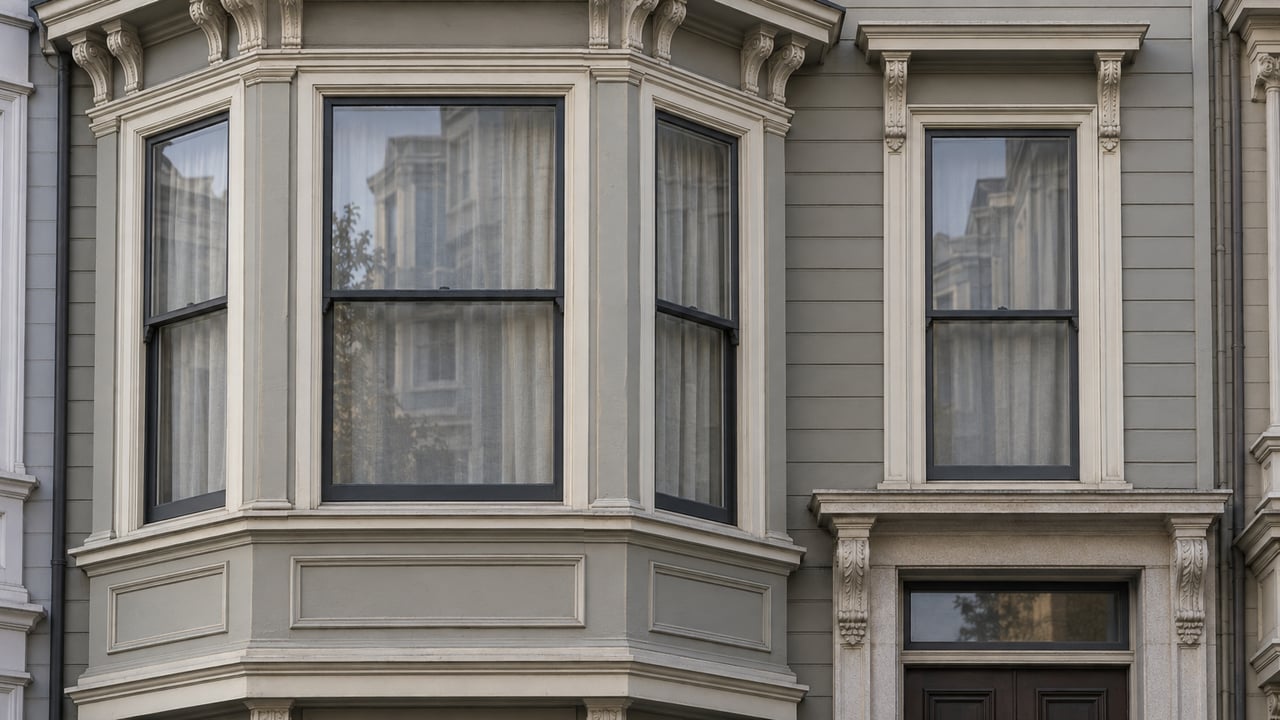 Weather-softened gray timber facade with cream-trimmed bay windows, a bracketed cornice and a recessed stone-framed entrance.