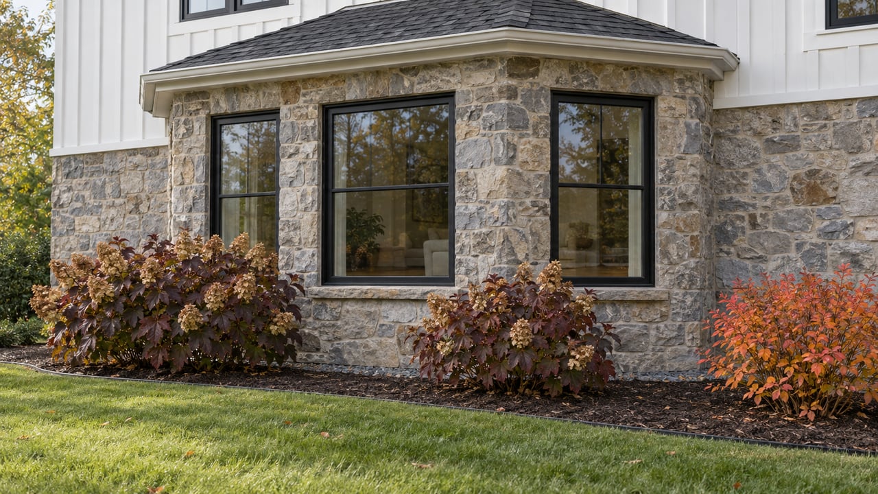 Stone-clad window bay with black frames, white vertical siding and autumn oakleaf hydrangeas beside a green lawn.