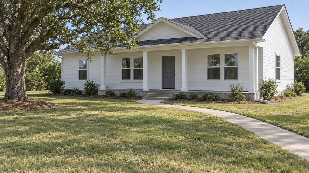 White single-story house with a covered porch, shaded lawn, and curved walkway to the front steps.