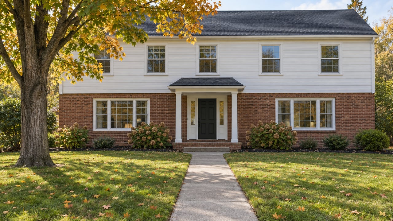 White-sided and red-brick colonial with a black front door, deep lawn and amber-leaved maple in autumn daylight.
