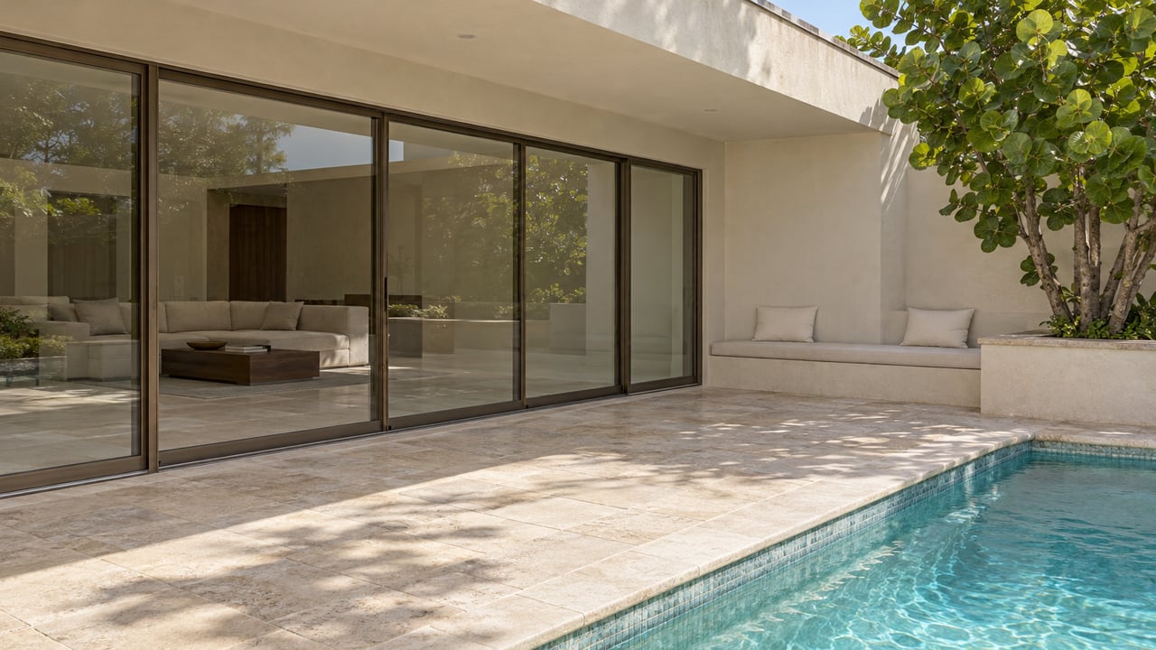 Sunlit stone pool terrace beside a glass-enclosed living room, with an ivory stucco bench and a sculptural sea grape tree.