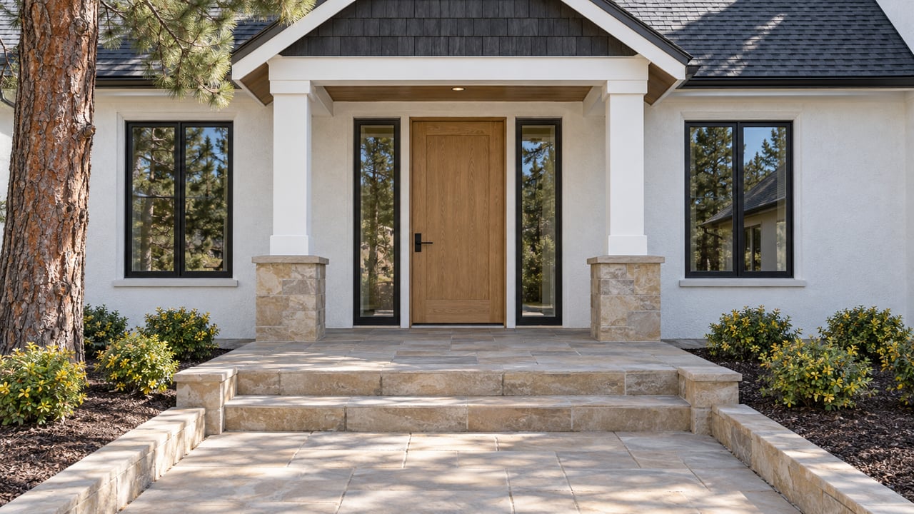 White stucco home with an oak front door, paired windows, sandstone steps and rounded shrubs beneath a dark shingled gable.