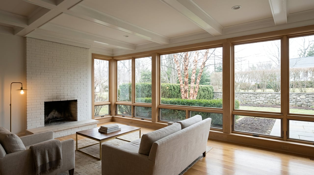 Living room with coffered ceiling, brick fireplace, oatmeal sofa, brass floor lamp, and birch tree beyond the windows.