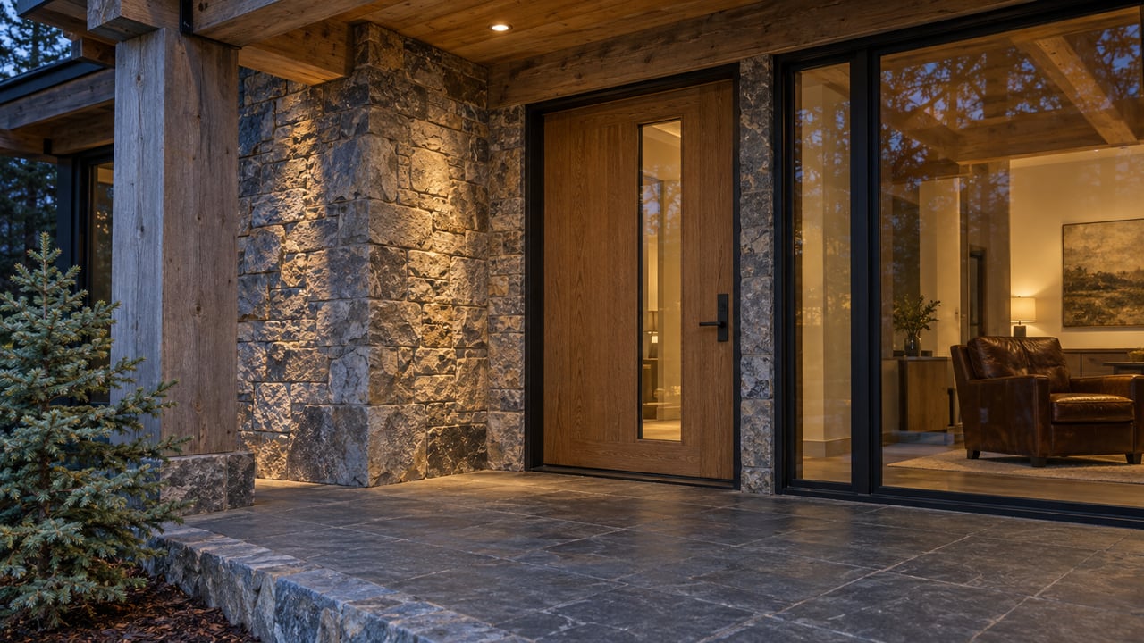 Timber canopy over a quartzite and oak home entrance, with warm interior light behind black-framed glass and a slate terrace.