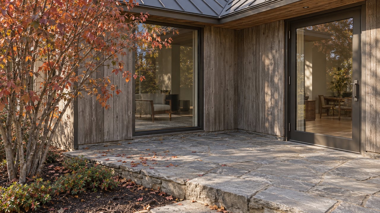 Compact townhome terrace with bronze-framed glazing, gray stone paving, and copper-red serviceberry leaves.