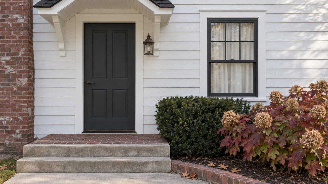 White clapboard entry with a charcoal door, gabled canopy, worn concrete steps and autumn hydrangeas beneath a closed window.