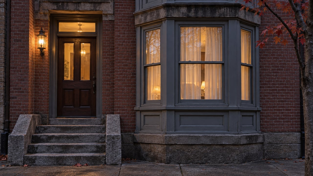 Brick home at blue hour with a warm glazed oak entrance, gray timber bay windows, granite steps and red maple leaves.