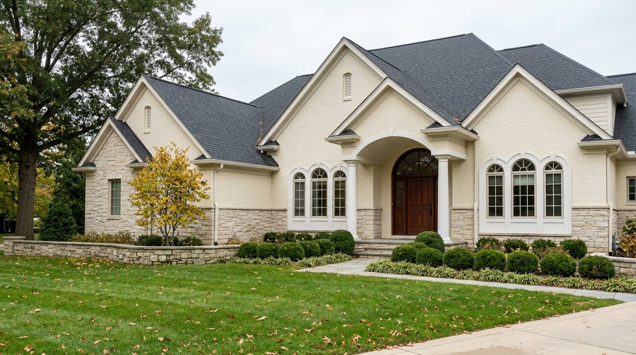Traditional stone-and-brick home with an arched entry, clipped shrubs, and a broad lawn beneath mature trees.