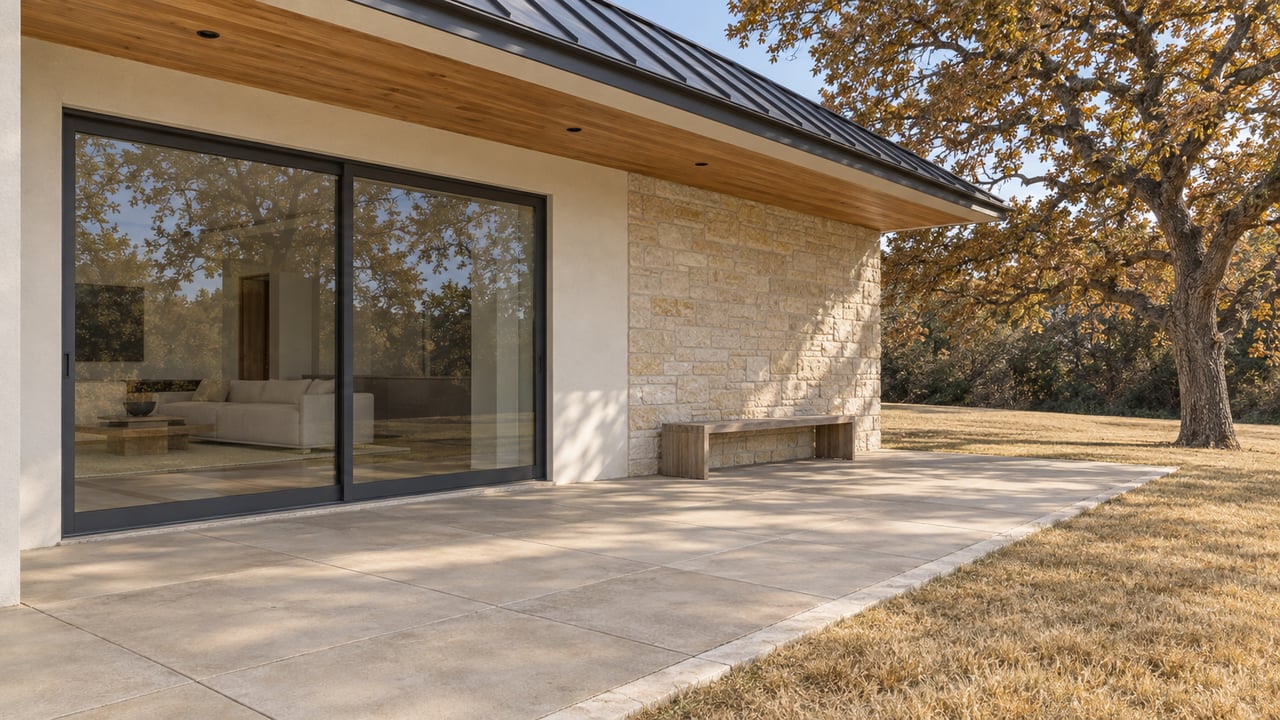 A covered terrace with sand-colored paving, a weathered teak bench and large glass doors beside an oak and golden lawn.