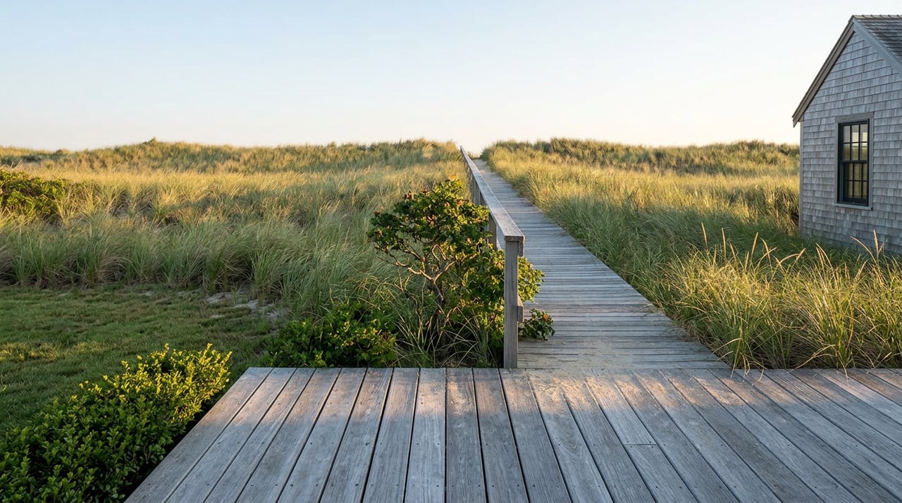 Weathered cedar boardwalk crosses a grass-covered dune, with a shingled house at the edge of the frame.