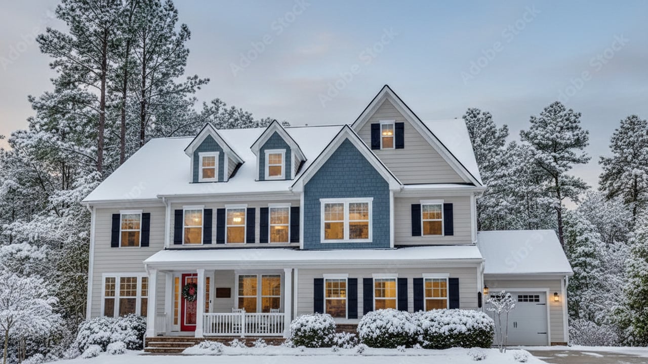 A cozy two-story suburban home in winter with fresh snow covering the roof, bushes, and front yard. Warm golden lights glow from the windows, a wreath hangs on the red front door, and tall snow-dusted pine trees surround the house under a soft winter sky.