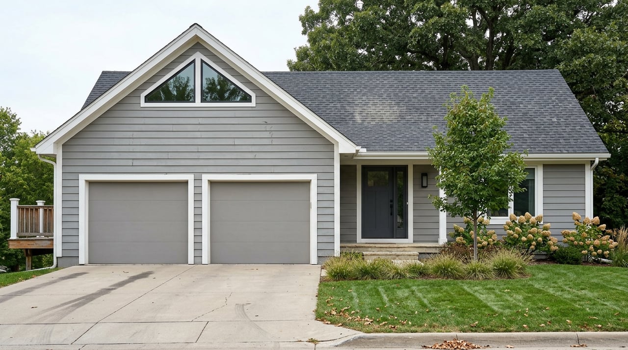 Gray gable-front house with a two-car garage, covered entry, clerestory window, and oak canopy.