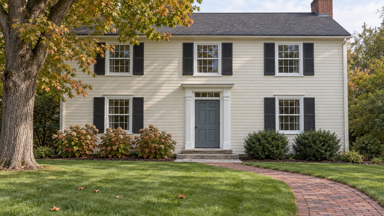 Traditional clapboard home with paired shutters, a brick chimney, broad autumn lawn and a curved brick walk.