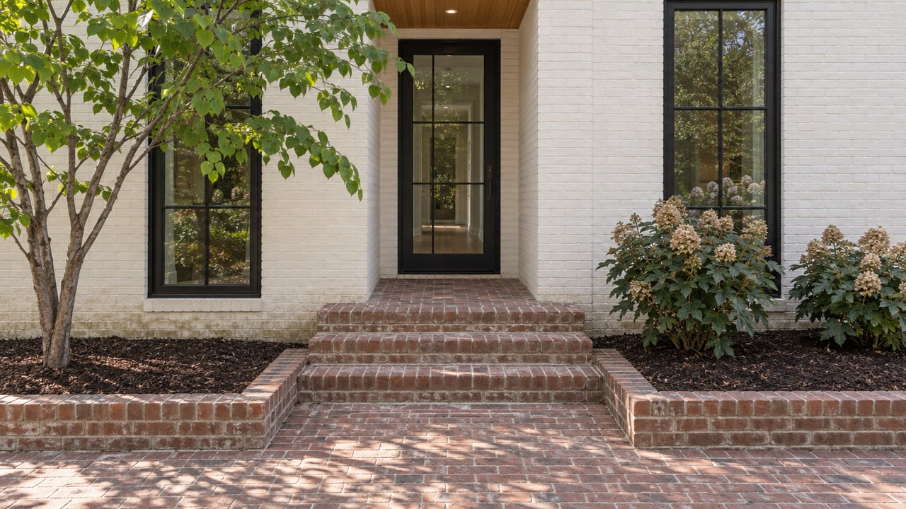 White painted-brick townhome entrance with black-framed glazing, worn brick steps and a redbud beside the approach.