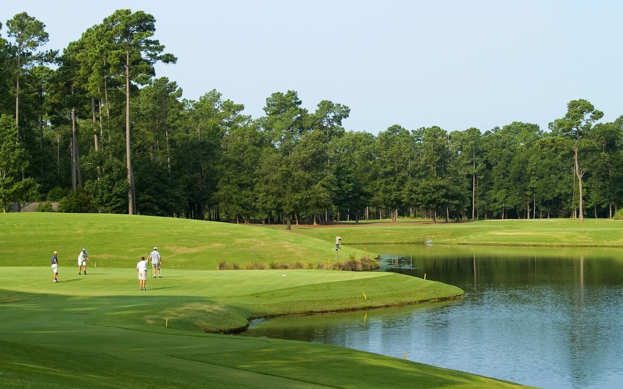 Golfers play beside a pond on a tree-lined course.