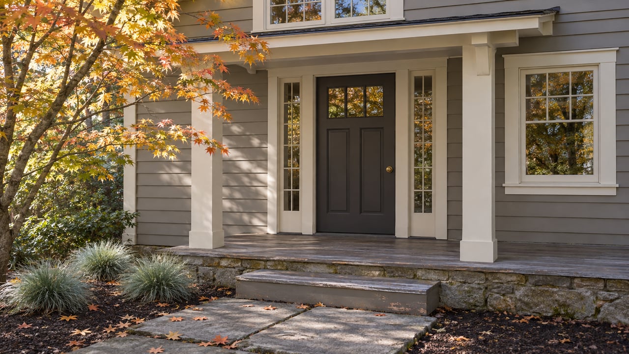 Recessed charcoal entry door with glazed sidelights, beneath a porch framed by amber maple leaves.