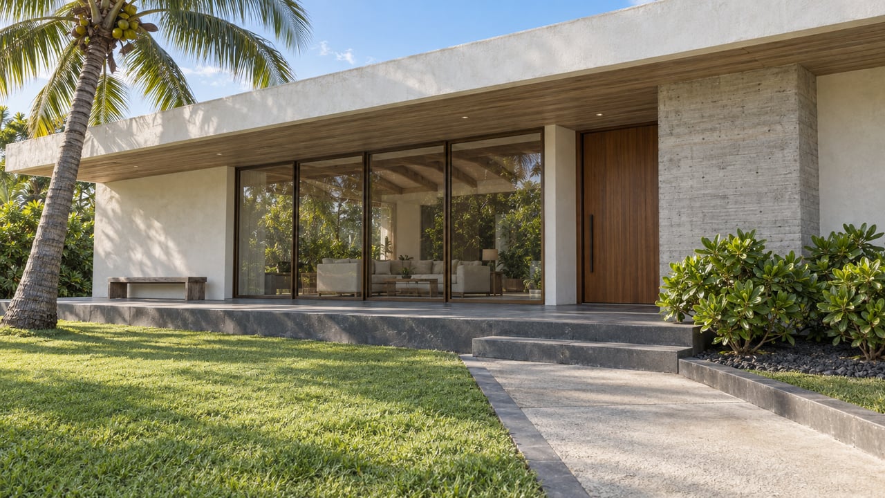 Sunlit single-story home with a deep lawn, basalt veranda steps, glazed living room, wood soffit and one leaning coconut palm.