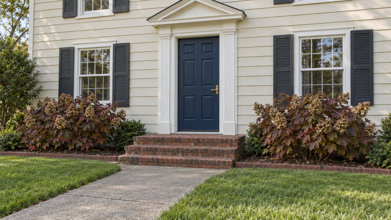 Cream-sided home with a blue front door, brick steps, paired shuttered windows and burgundy oakleaf hydrangeas beside a concrete walk.