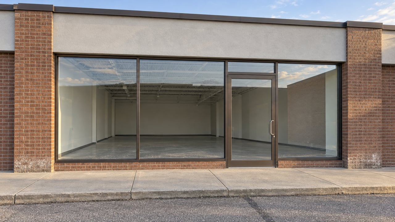 Brick commercial storefront with bronze-framed glazing, an empty enclosed retail interior, and a concrete walkway bordering an asphalt parking apron.