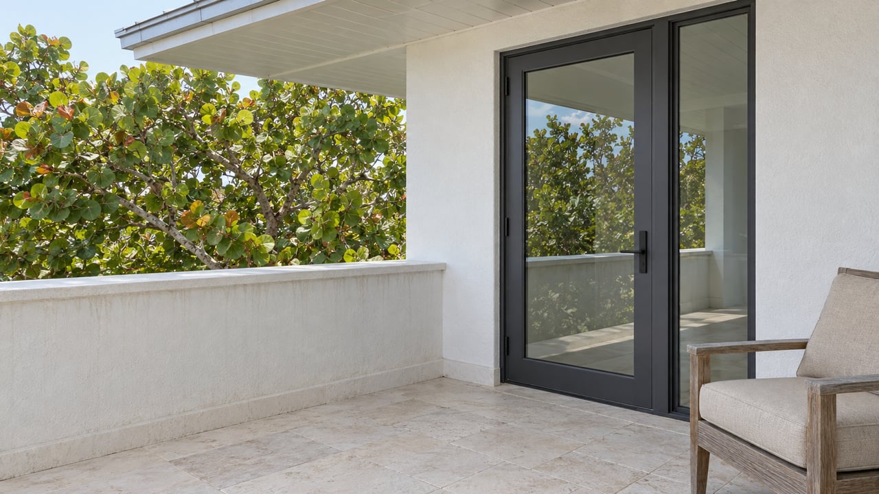 Tiled patio beside a modern home, with a dark-framed glass door and leafy tree beyond the low wall.