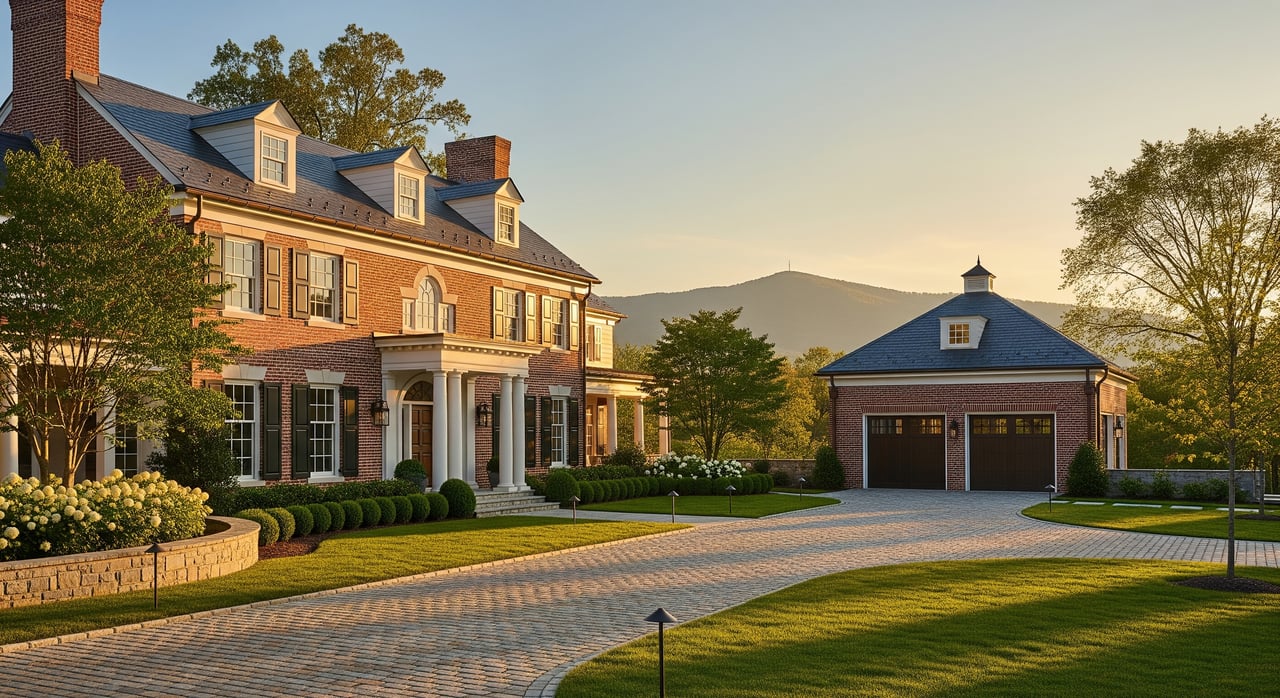 Large red-brick estate with white-columned entrance, detached garage, and mountains in the background.