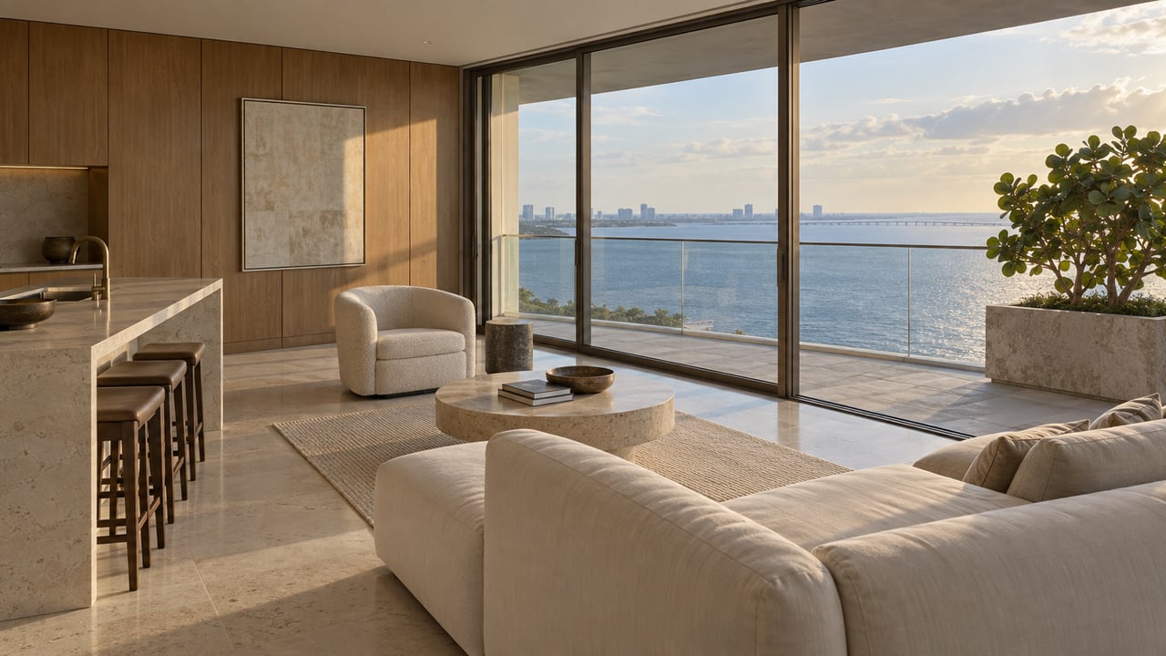 Waterfront condo living room with oak paneling, a cream sofa, and a balcony planter beyond floor-to-ceiling glass.