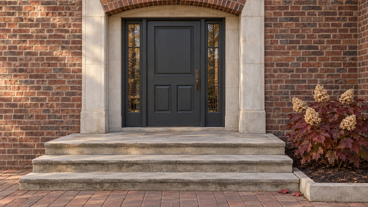 Weathered red-brown brick home entrance with a charcoal timber door, paired sidelights, limestone steps and burgundy oakleaf hydrangea.