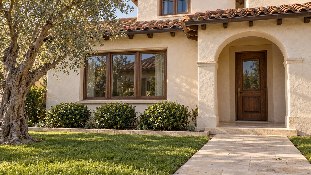 Sunlit ivory stucco home with a clay tile roof, recessed arched oak entrance, limestone garden path and a mature olive tree.