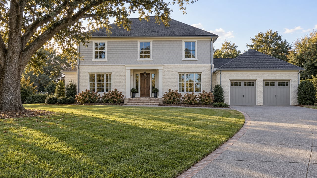 A painted-brick and gray-shingle home beyond a deep lawn and curved driveway, shaded at one side by a mature live oak.