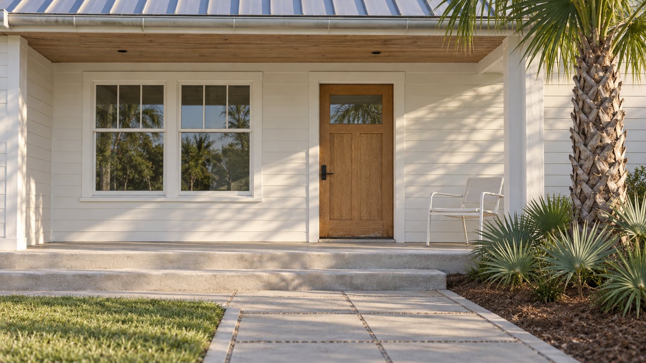 Morning light on a coastal home's white siding, timber front door, concrete porch and silver-green palm planting.