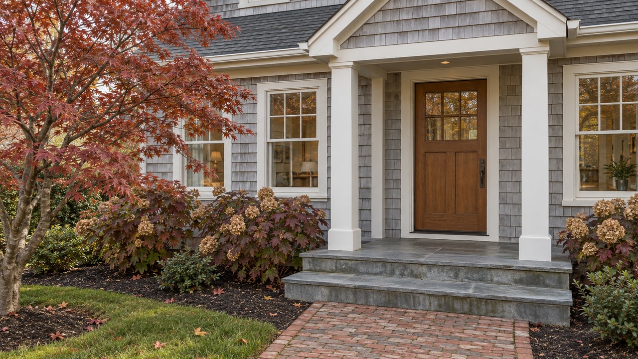 Gray shingle cottage with an oak glazed door, ivory window trim, bluestone steps and copper-red autumn planting.